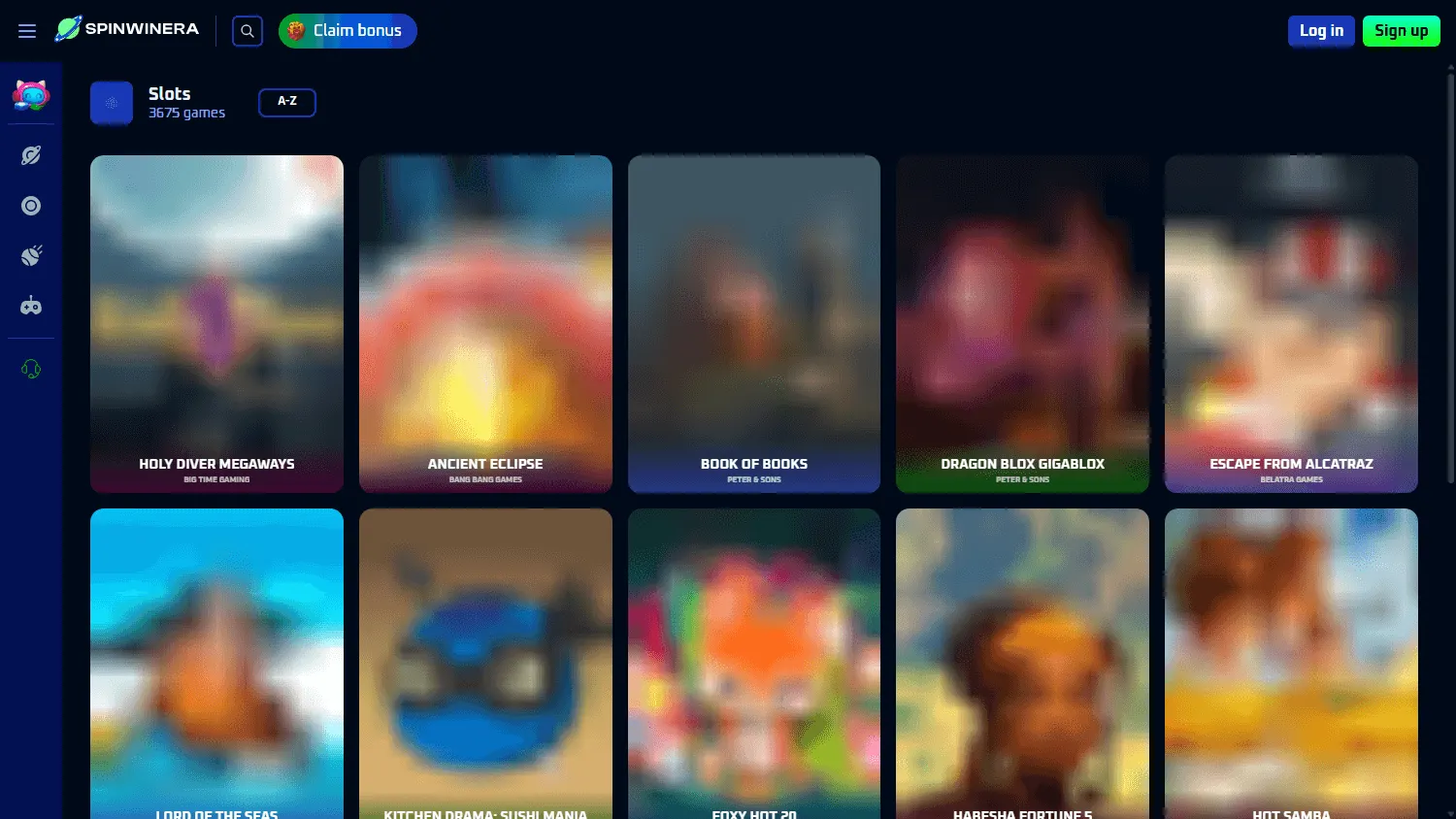 Spinwinera Casino games area on desktop
