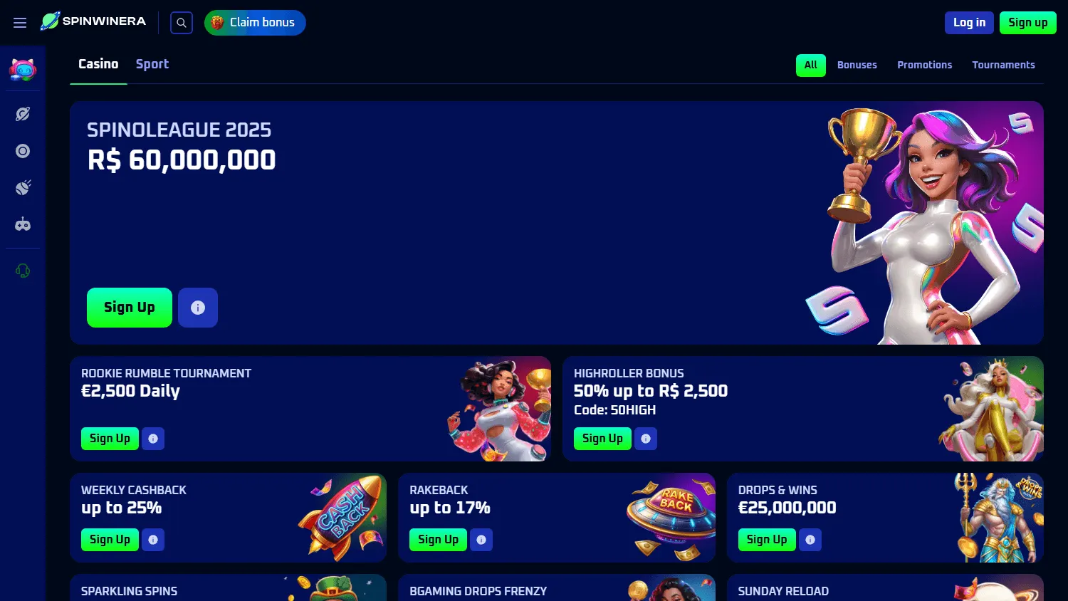 Spinwinera Casino promotions area on desktop